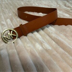 Michael Kors Brown Leather Belt with Gold Logo Buckle